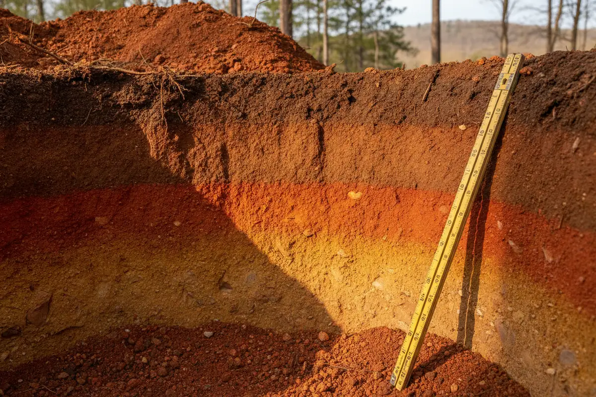 Soil profile in a test pit showing Piedmont clay horizons